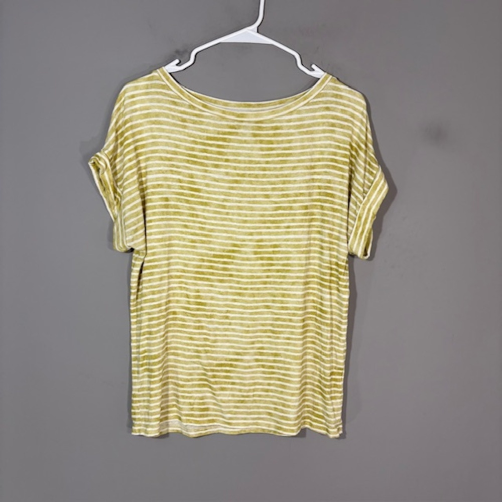 Majestic Filatures T-Shirt Womens 2 Yellow Stripe Linen Blend Boat Neck Top